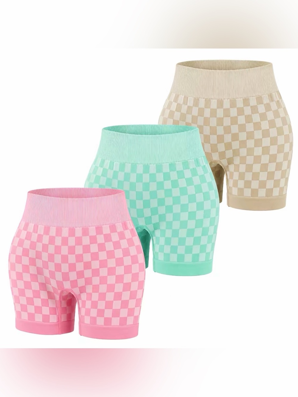 3 Shorts Checkerboard Seamless Shorts - Pink, Mint & Cream Size: XS